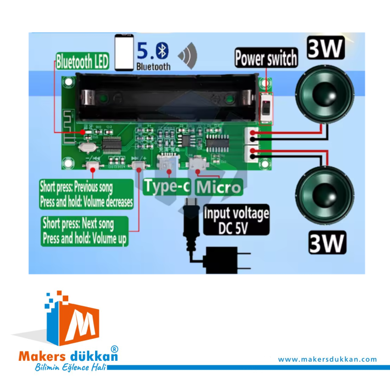 XH-A153 18650 Lityum Pil Soketli Bluetooth MP3 Modül